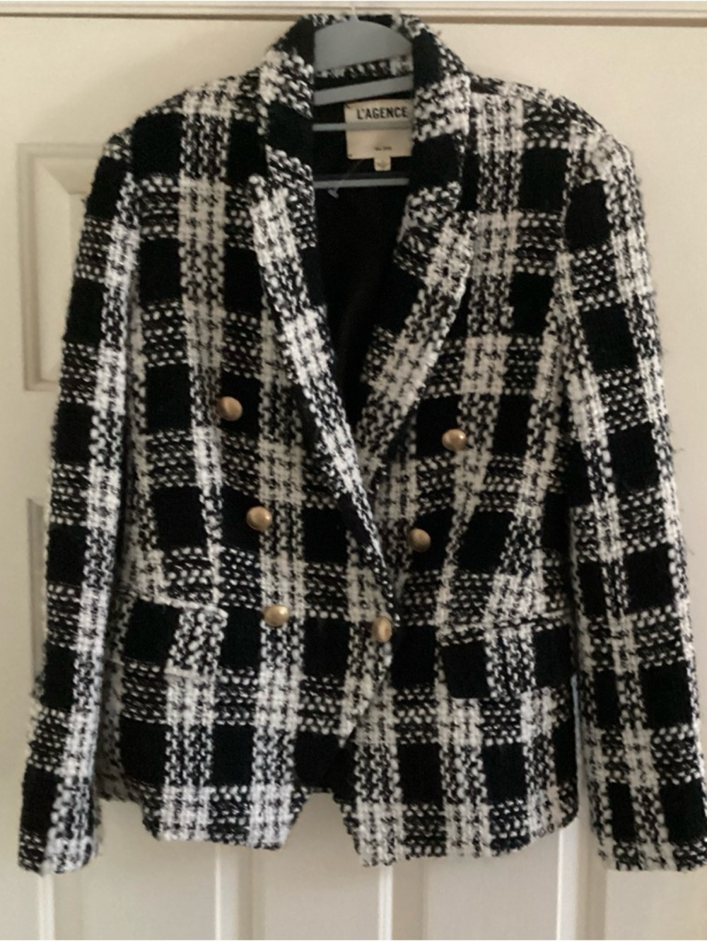 L’AGENCE Kenzie Double-Breasted Tweed Blazer Black White Plaid - Size 4